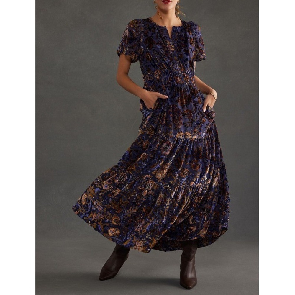 Anthropologie The Somerset Crushed Velvet Romantic Purple Floral Maxi Dress XS